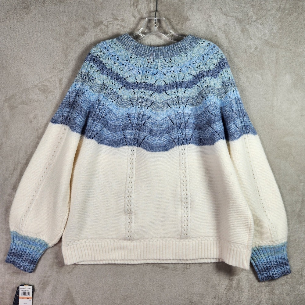 Democracy Sweater Womens 2X Blue White Fair Isle Pointelle Knit Comfy Gorpcore - Picture 2 of 8